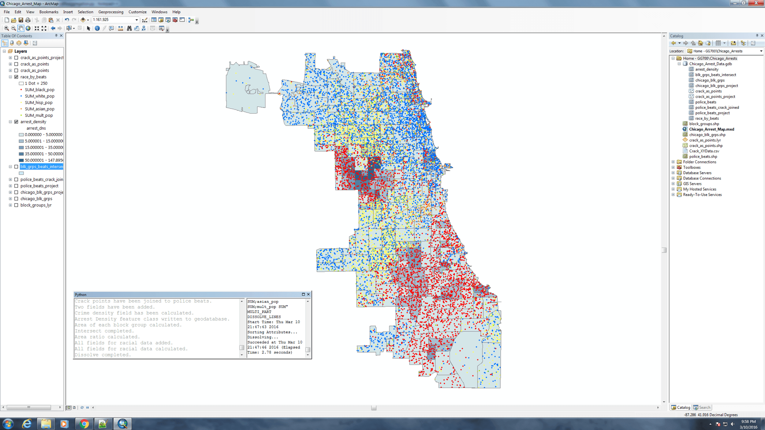 The map produced by running my custom geoprocessing script for examining the spatial correlations between non-violent drug arrests and race in Chicago.
